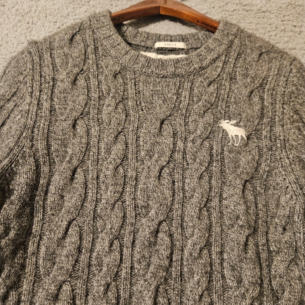 Abercrombie & Fitch Mens Grey Cable Knit Wool Alpaca Blend Muscle Fit Sweater M